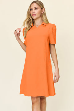 Double Take Full Size Texture Collared Neck Short Sleeve Dress Textured Dress For Women
