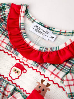 Christmas Plaid Smocking Embroidered Girls Bloomers Romper Set