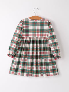 Christmas Embroidery Smocking Bow Plaid Girls Dress