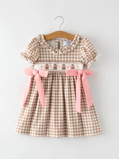 Christmas Vintage-Style Plaid Dress with Embroidered Gingerbread and Bows