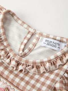 Christmas Vintage-Style Plaid Dress with Embroidered Gingerbread and Bows