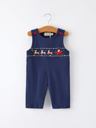 Christmas Holiday Celebration Baby Boys Romper: Navy with Santa Sleigh