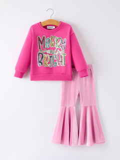 Toddler Girls Christmas Outfit – Pink Merry Bright Top and Bell Pants