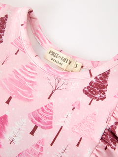 Christmas Tree Print Girls Pink Ruffle Long Sleeve Dress