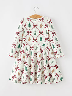 Christmas Bow and Gingerbread Print Girls Twirl Dress