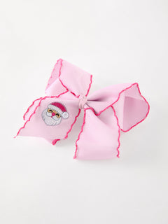 Girls' Christmas Santa Embroidered 6.25" Hair Bow – White/Pink