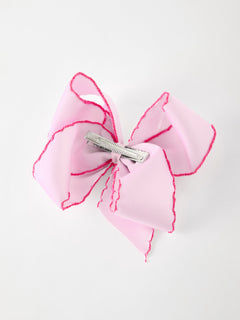 Girls' Christmas Santa Embroidered 6.25" Hair Bow – White/Pink