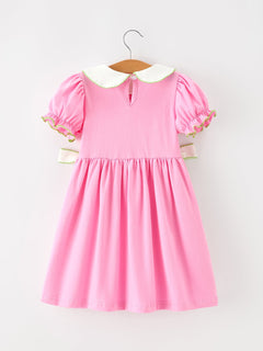 Girls Christmas Pink Bow & Christmas Tree Peter Pan Collar Dress
