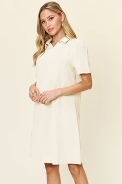 Double Take Full Size Texture Collared Neck Short Sleeve Dress Textured Dress For Women