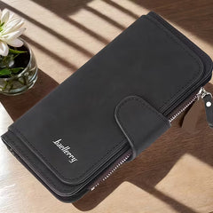 Vintage Faux Leather Long Wallet – Trifold Credit Card Holder with Snap & Zipper