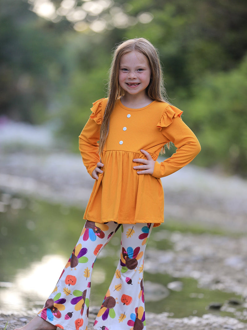 Fall Halloween & Thanksgiving Pumpkin Turkey Print Girls Long Sleeve Set