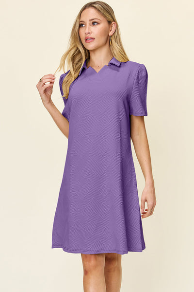 Double Take Full Size Texture Collared Neck Short Sleeve Dress Textured Dress For Women