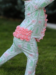 Christmas Tree Wreath Print Long Sleeve Zip Baby Girls Romper