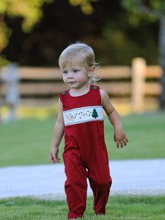 Christmas Tree Dog Smocking Embroidered Baby Boys Romper